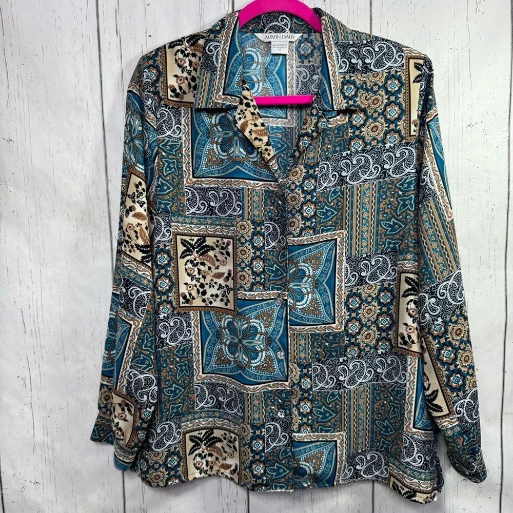 Vintage Allison Daley Patchwork Button Front Blouse Size 12 Boho Retro Collared